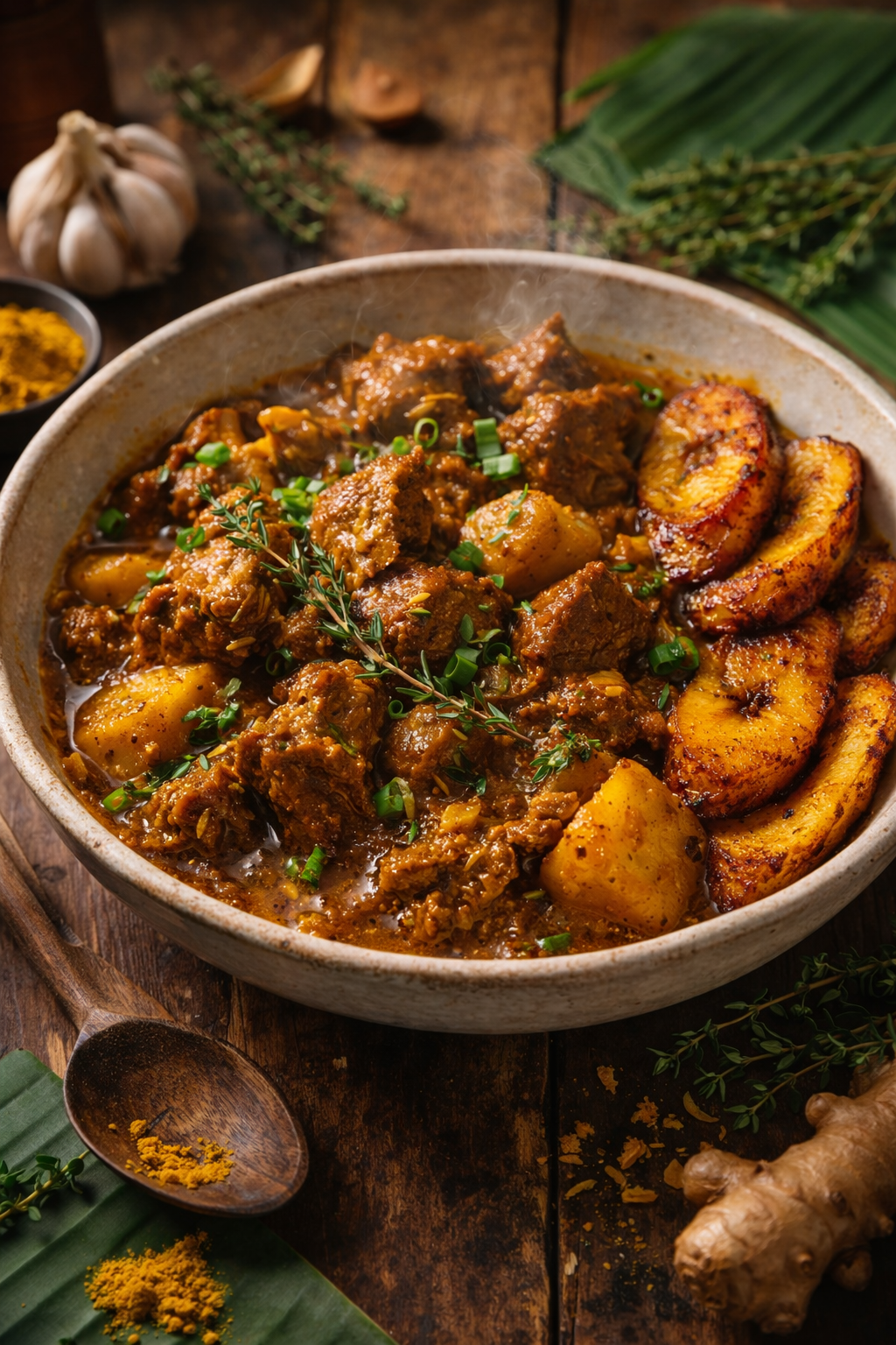 Authentic Caribbean Curry Goat with Sweet Fried Plantains